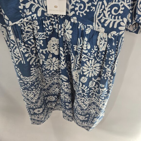 Caroline Constas Blue White Puff Sleeve Floral Aztec Geometric Lined Mini Dress - Picture 4 of 15